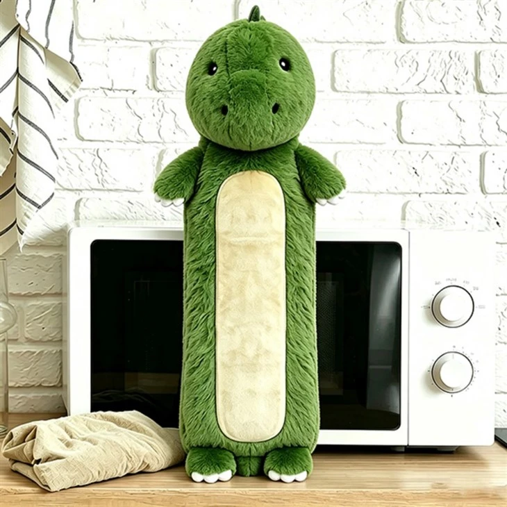 Atkārtoti lietojama dinozauru plīša rotaļlieta mikroviļņu krāsnī linsēklu lavandas kakla sildīšanas paliktnis